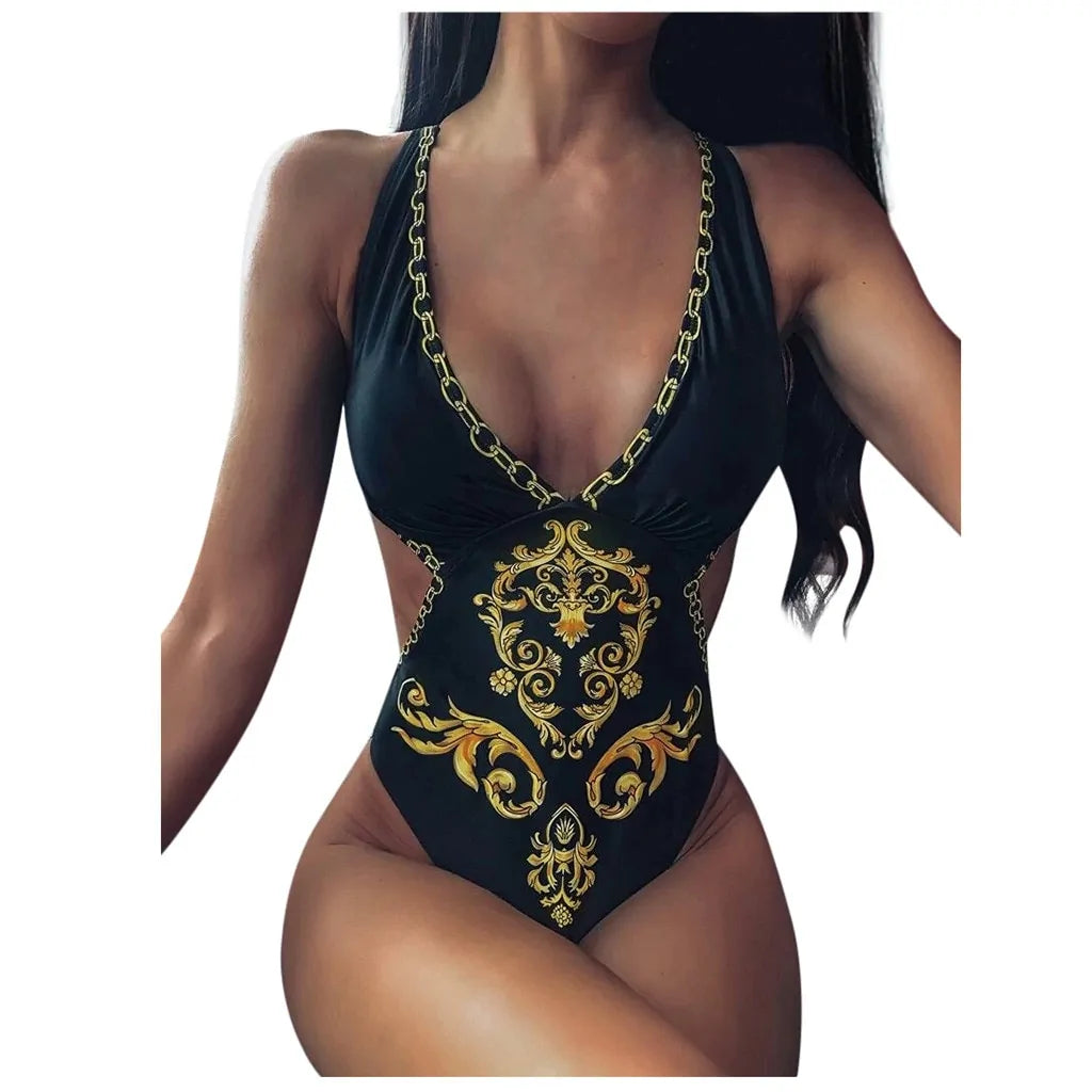 Baroque Print Criss Cross Monokini Swimsuit - Women's Beachwear - summababe