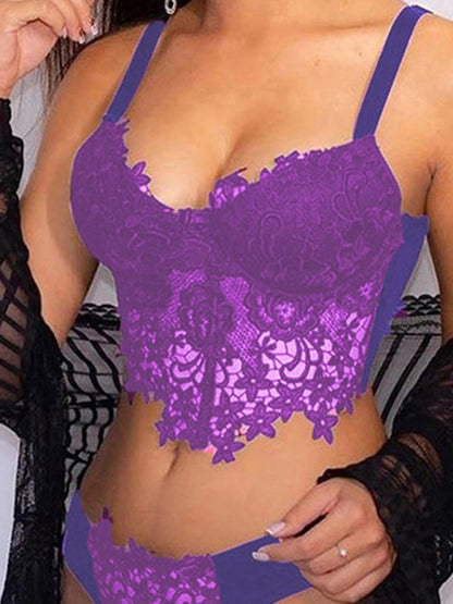 Spaghetti Straps Crochet Lace Hollow Out Bra Thong Lingerie Set - summababe