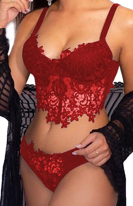 Spaghetti Straps Crochet Lace Hollow Out Bra Thong Lingerie Set - summababe