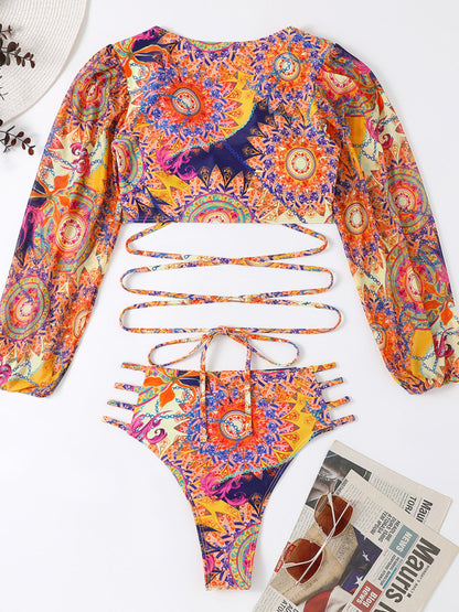 Women's Ethnic Printed Mesh Long Sleeve Bikini Set - summababe