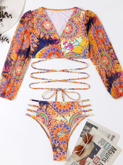 Women's Ethnic Printed Mesh Long Sleeve Bikini Set - summababe