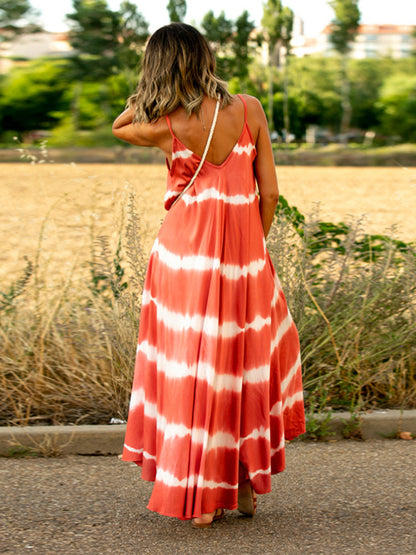 Sexy suspender dress with splicing stripes and large swing dress