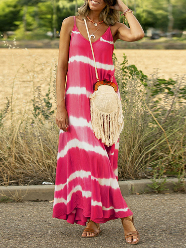 Sexy suspender dress with splicing stripes and large swing dress