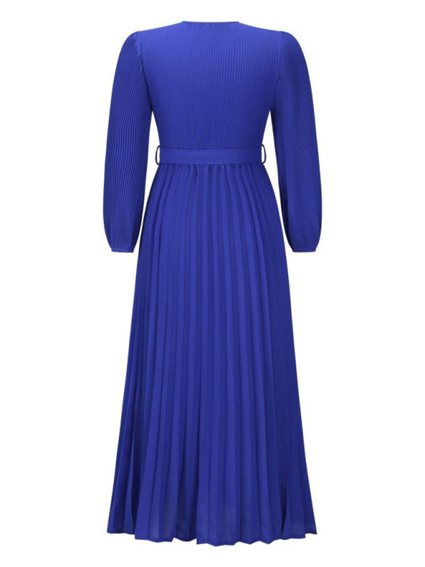 V-neck long-sleeved pleated A-line midi dress