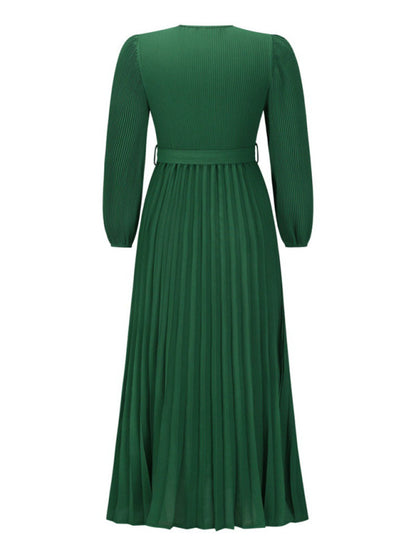 V-neck long-sleeved pleated A-line midi dress