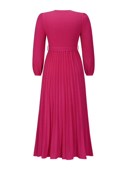 V-neck long-sleeved pleated A-line midi dress