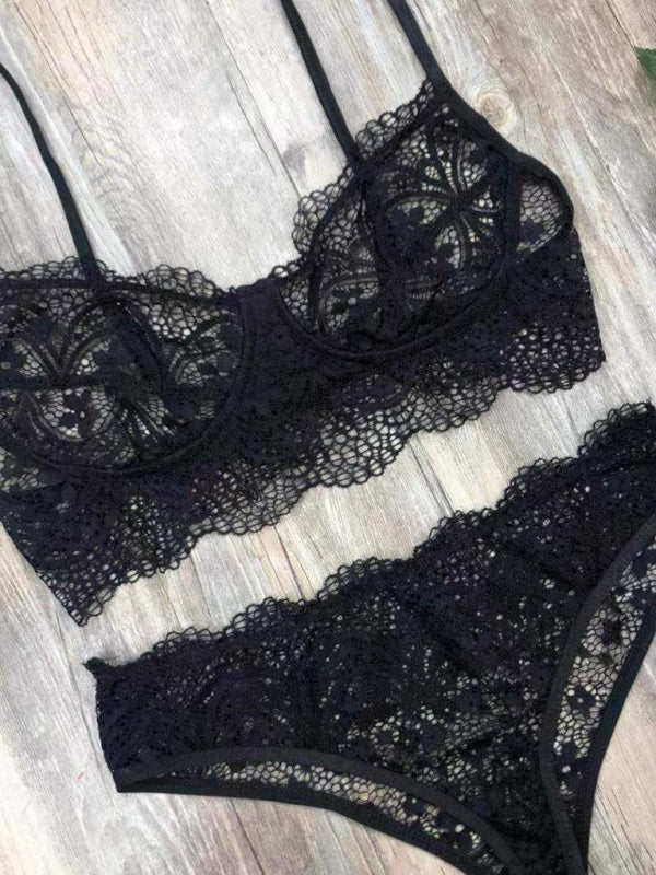 New lace sexy lingerie set solid color eyelash lace set - summababe