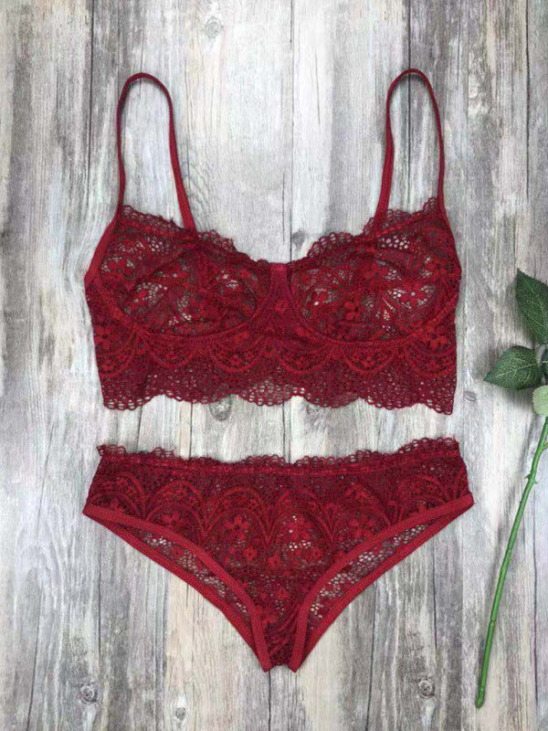 New lace sexy lingerie set solid color eyelash lace set - summababe