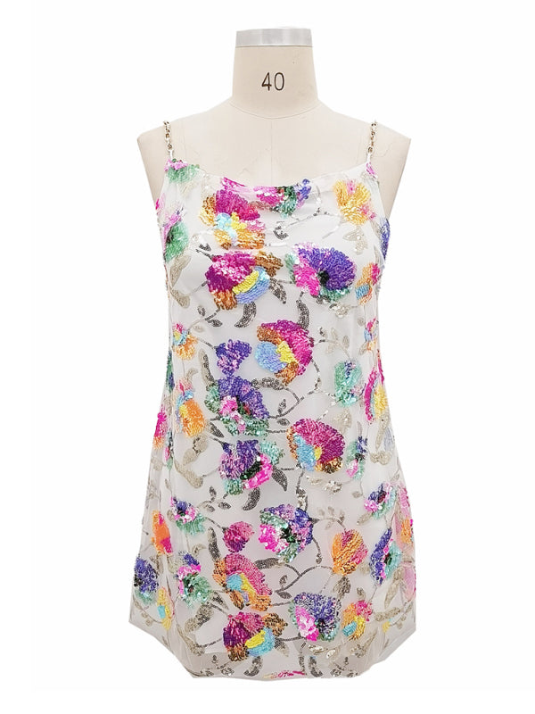 Sexy boat neck backless sequin floral chain women's sexy short dress