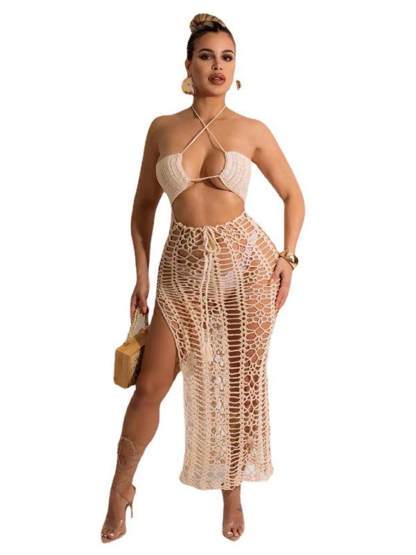 Women's long fringed stretch side slit suspender beach skirt - summababe