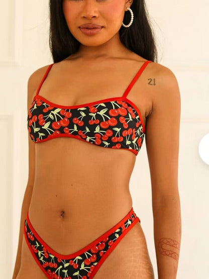 Women's New Cherry Print Bandeau Bikini - summababe