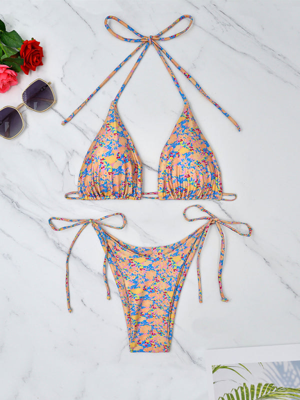 Small floral lace-up bikini beach sexy split swimsuit - summababe