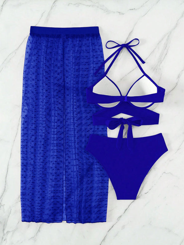 Solid color bikini sexy mesh skirt three-piece set - summababe