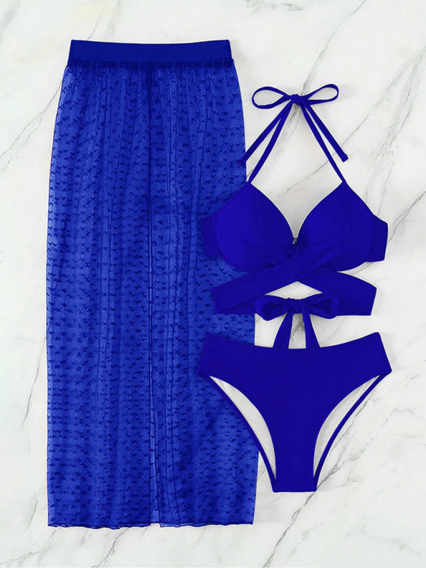 Solid color bikini sexy mesh skirt three-piece set - summababe