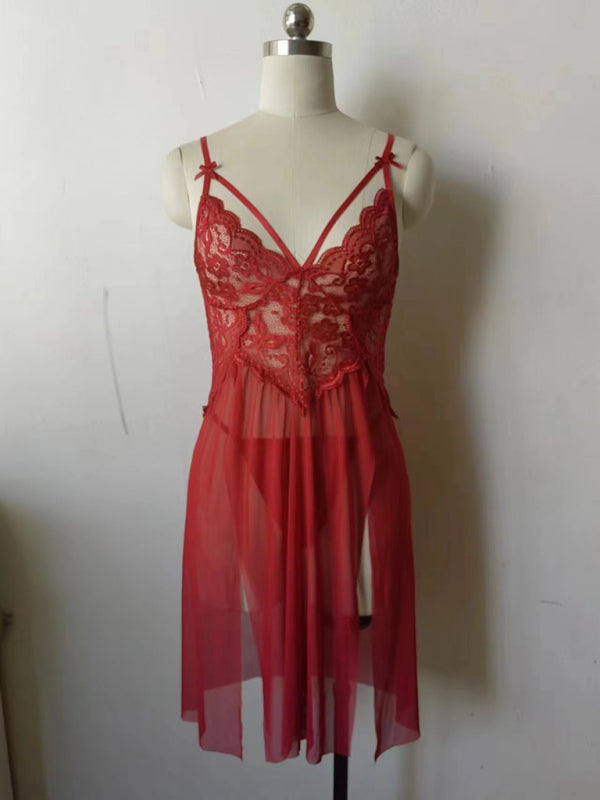 New sexy mesh see-through lace embroidered suspender nightgown slit long skirt suit - summababe