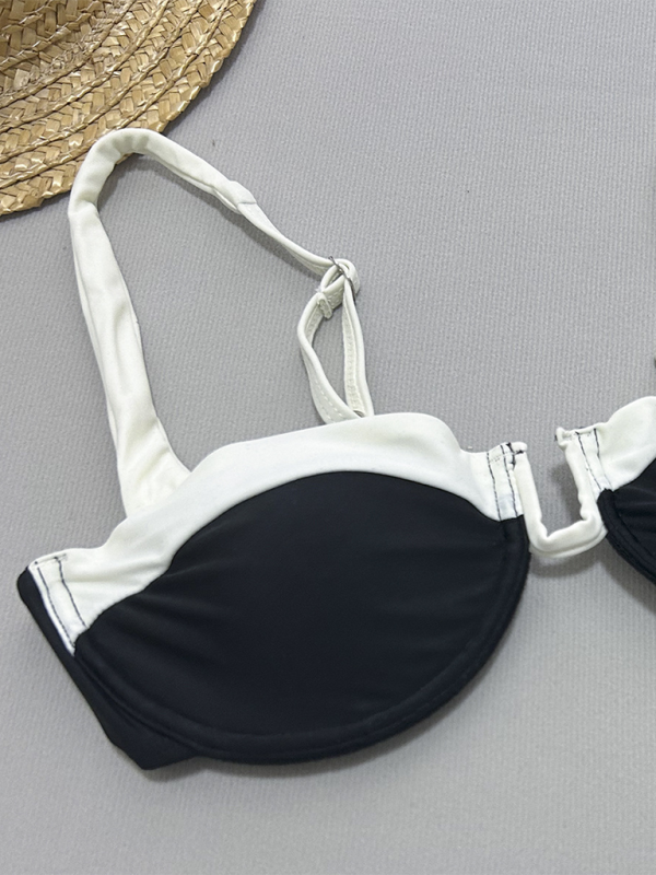 Black and white gathered two-piece swimsuit for women