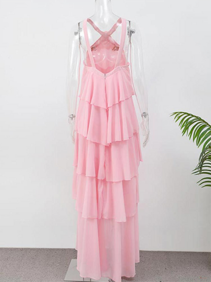 Sweet pink halter neck backless layered cake slim elegant dress