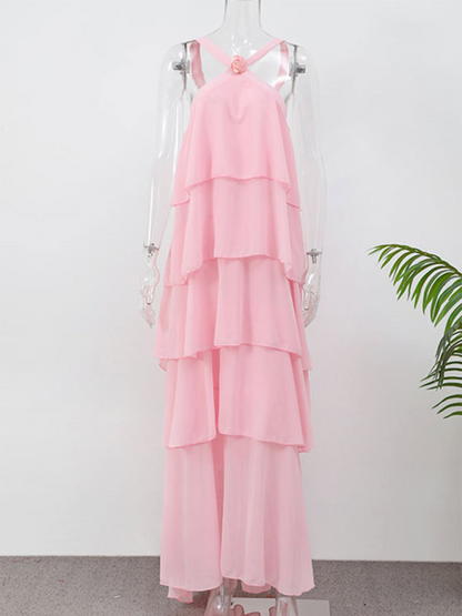 Sweet pink halter neck backless layered cake slim elegant dress