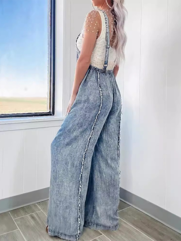 Vintage washed raw edge wide leg jumpsuit loose overalls