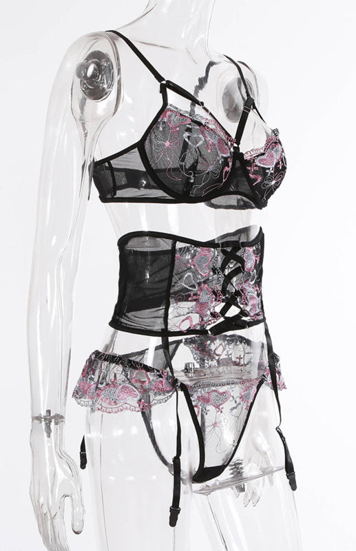 Lace-Up Heart Embroidery Lingerie Set - summababe