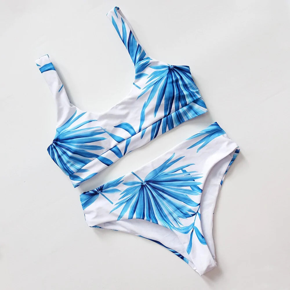 Tropical Palm Leaf High Waist Bikini: Sexy Scoop Neck White Swimwear for Women - summababe