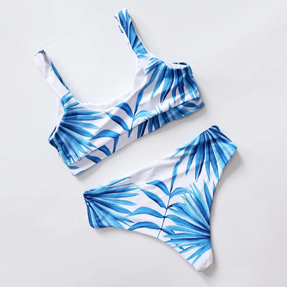 Tropical Palm Leaf High Waist Bikini: Sexy Scoop Neck White Swimwear for Women - summababe